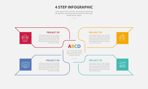 Estilo de esquema infográfico de plantilla de 4 puntos con plantilla de paso de 4 puntos y contenedor de flecha de gran rectángulo que se extiende en el centro para la presentación de diapositivas