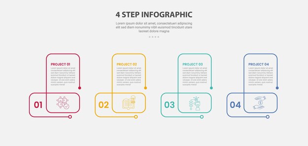 Estilo de esquema infográfico de plantilla de 4 puntos con plantilla de paso de 4 puntos y forma circular de línea creativa para la presentación de diapositivas