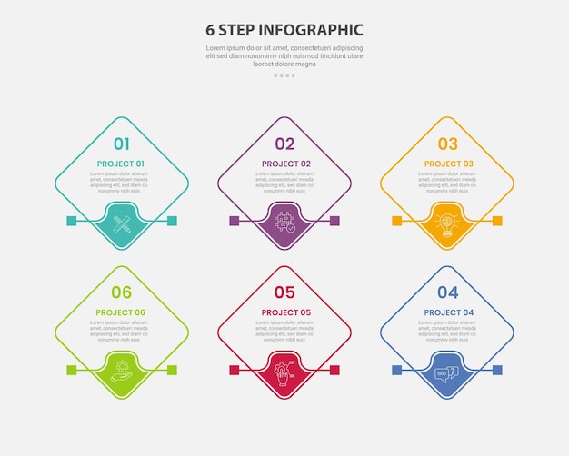 Estilo de esquema infográfico de plantilla de 6 puntos con plantilla de paso de 6 puntos en forma de diamante cuadrado girado con insignia de pie de página para la presentación de diapositivas
