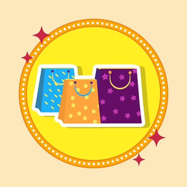 Vector estilo de etiqueta colorido icono de bolsa de compras de diwali contra el fondo amarillo