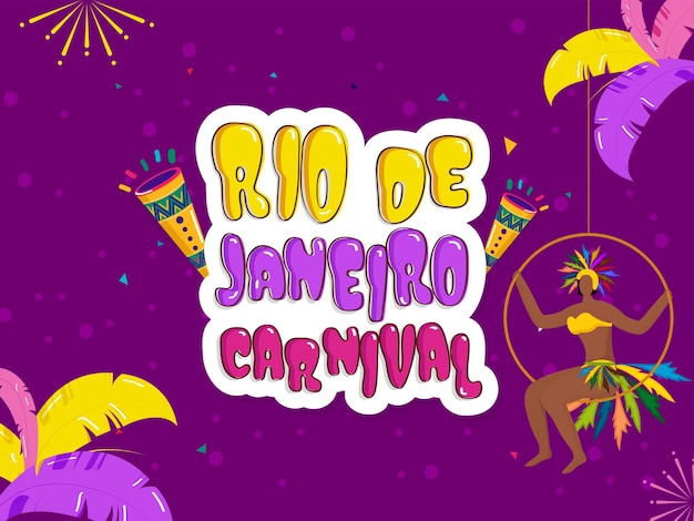 Estilo de etiqueta Fuente de carnaval de Río de Janeiro con bailarina de samba femenina sin rostro balanceándose al volante sobre plumas decoradas con fondo púrpura