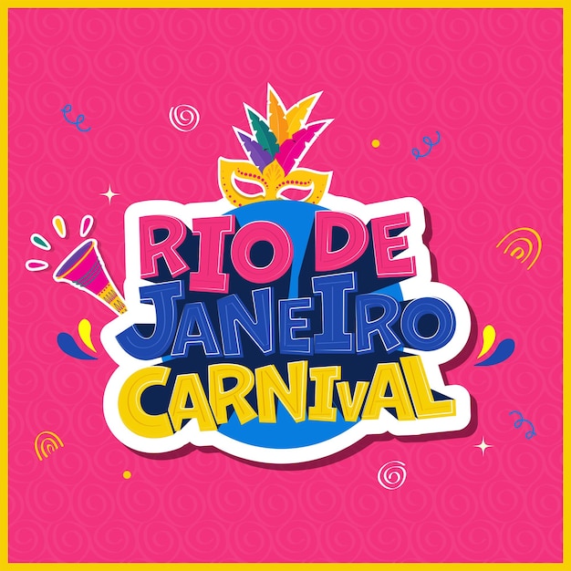 Estilo de etiqueta texto del carnaval de río de janeiro con máscara de plumas de colores vuvuzela sobre fondo de patrón de remolino rosa