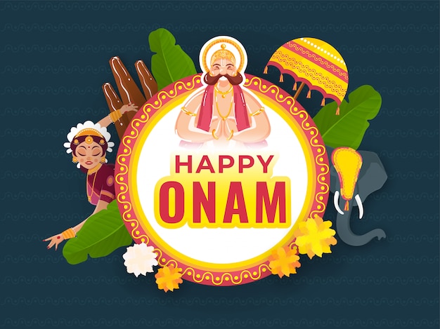 Estilo de etiqueta Texto feliz de Onam en marco circular con el rey Mahabali haciendo Namaste, Thrikkakara Appan Idol, hojas de plátano, elefante y flores.