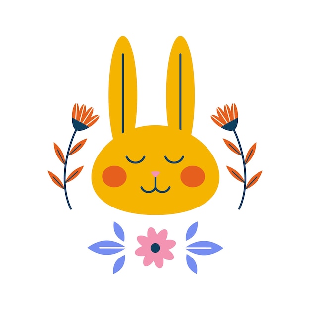 Estilo folclórico hocico de conejo y flores Diseño vectorial de primavera minimalista moderno