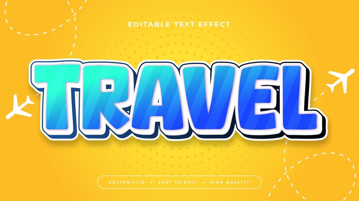 Vector estilo de fuente de efecto de texto 3d editable de viaje azul blanco y amarillo