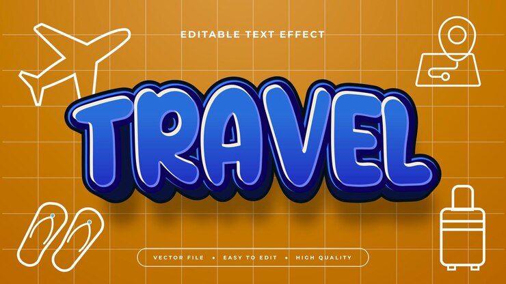 Vector estilo de fuente de efecto de texto 3d editable de viaje azul blanco y naranja