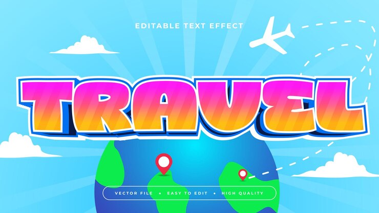 Vector estilo de fuente de efecto de texto 3d editable para viajes coloridos