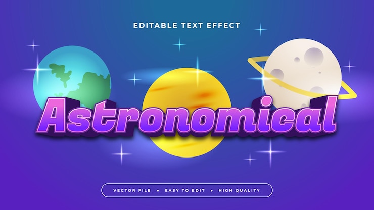 Vector estilo de fuente de efecto de texto editable en 3d astronómico azul púrpura violeta y amarillo