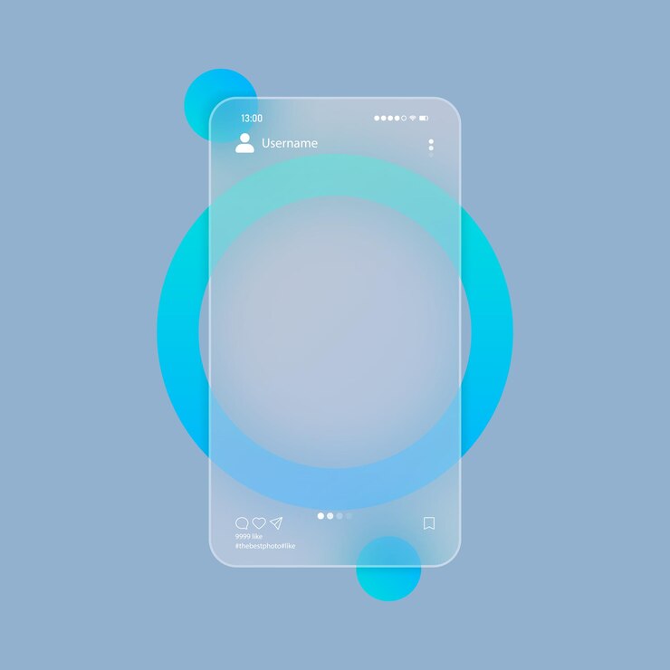 Estilo glassmorfismo. Concepto de redes sociales. Plantilla en blanco del carrusel de fotos. Efecto de morfismo de vidrio realista con juego de placas de vidrio transparente. Ilustración vectorial.