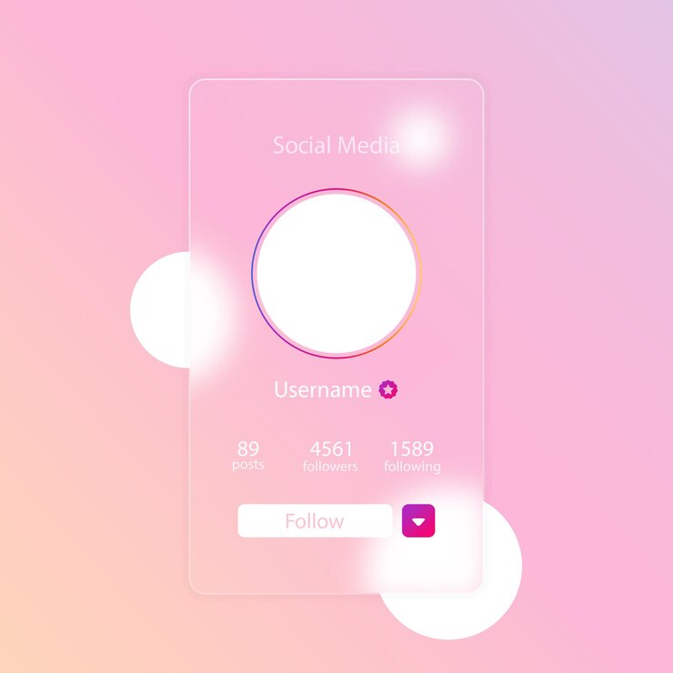 Estilo glassmorfismo. Información de perfil de vista previa de redes sociales. Boton de seguir. Efecto de morfismo de vidrio realista con juego de placas de vidrio transparente.