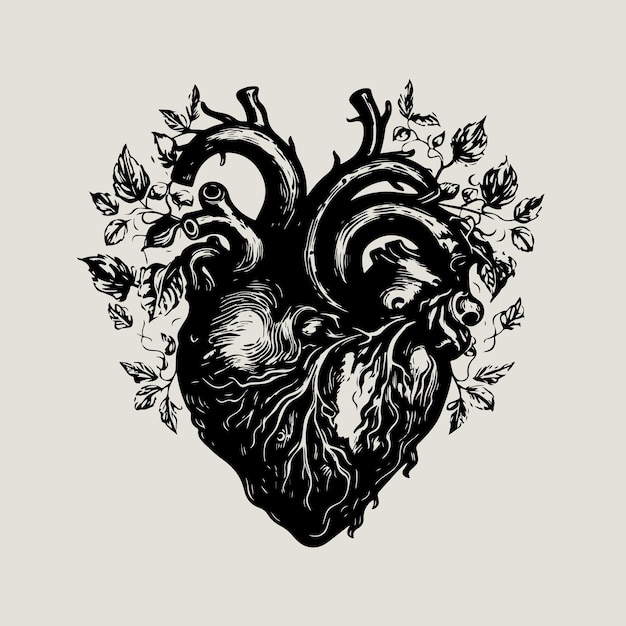 Estilo de grabado de corazón Ilustración de vector vintage de color negro dibujado a mano