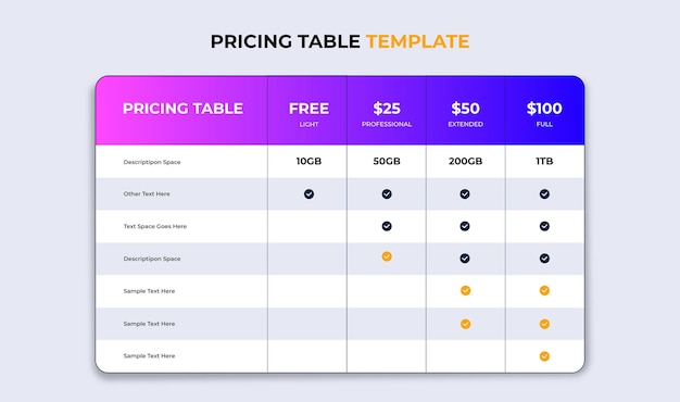 Vector estilo de gradiente de la tabla de precios para la plantilla de lista de precios de banner web