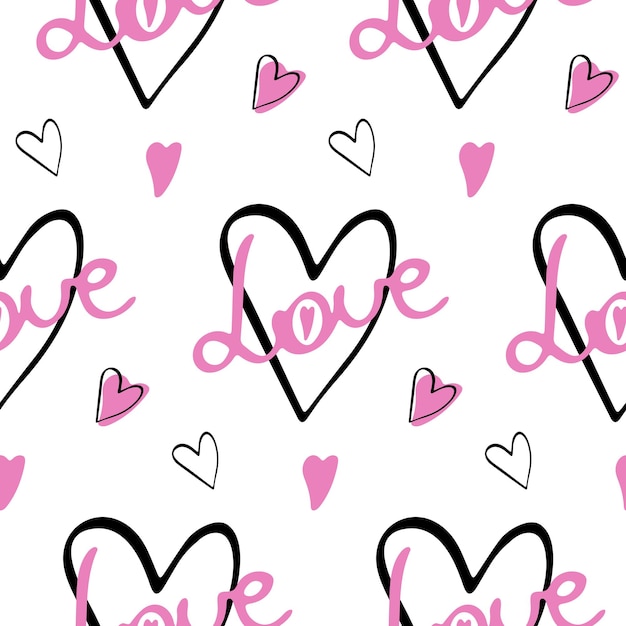 Estilo gráfico sin costuras con corazones rosados y la palabra amor Fondo