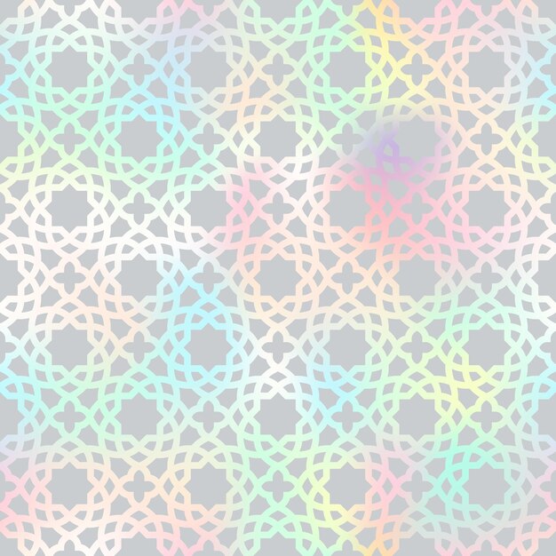 Estilo holográfico árabe patrón sin costuras Vector gradiente brillante ornamento oriental en fondo gris textura tradicional de papel de aluminio oriental para fondos papeles de pared patrones textiles decoración