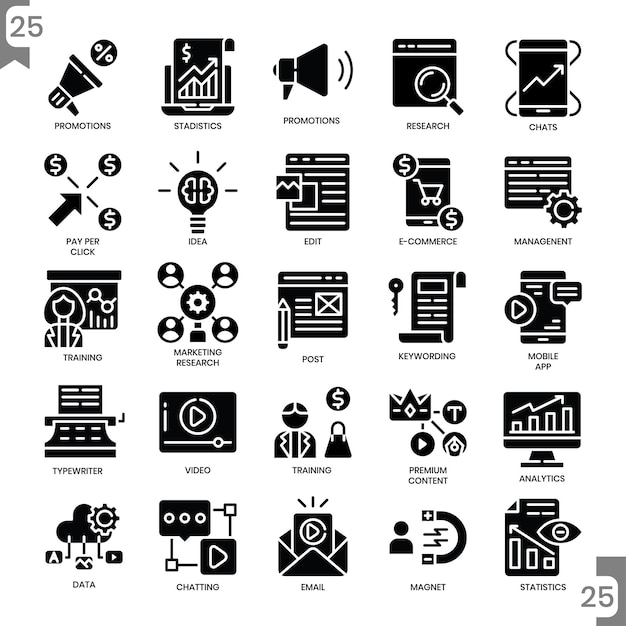 Estilo de icono de glifo de marketing digital y conjunto de íconos de Pixel Perfect