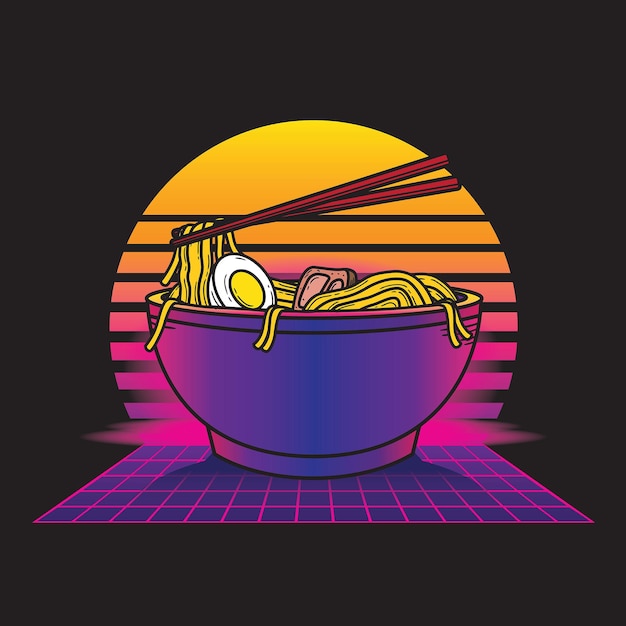 Estilo de ilustración de comida de ramen retrowave vintage