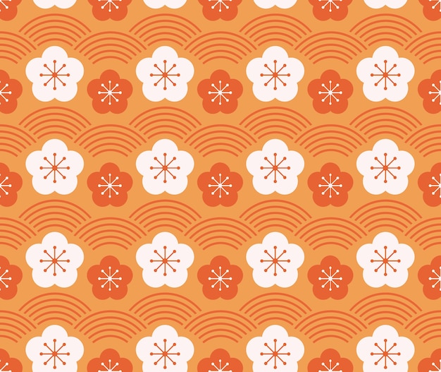 Estilo japonés retro vintage de patrones sin fisuras flor de ciruelo y línea de onda