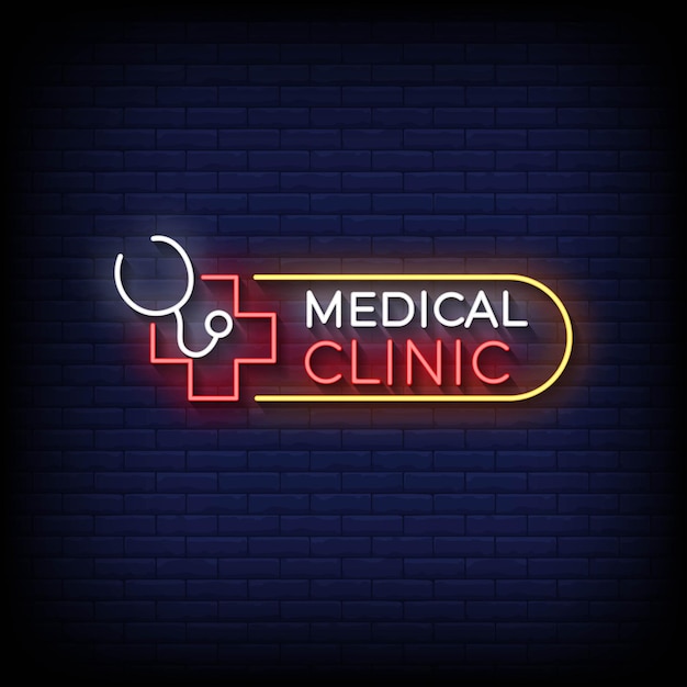 estilo de letrero de neón de clínica médica con vector de fondo de pared de ladrillo