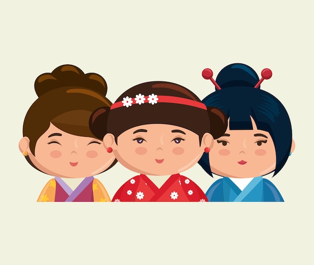 Vector estilo lindo del kawaii del grupo japonés de las muchachas