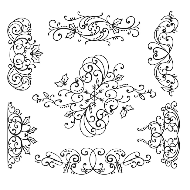 El estilo de la línea de adorno de remolino vintage florece el conjunto de rizos ornamentales caligráficos filigráficos decorativos