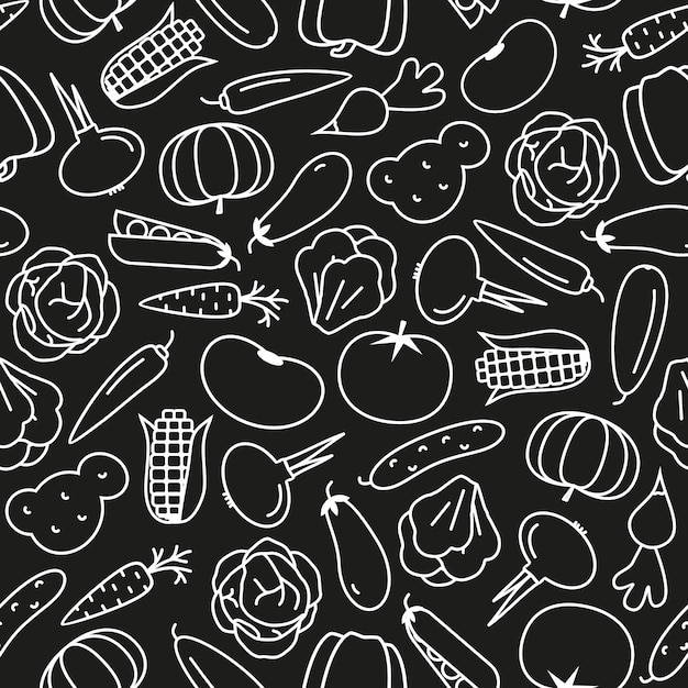 Estilo de línea de patrón vegetal sobre fondo negro con frijol, rábano, calabaza, tomate, chile, pepino, repollo, papa, zanahoria, cebolla, maíz, pimienta para banner, venta, logotipo, decoración, vector, 10 pasos