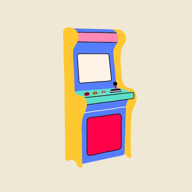 Estilo de línea plana nostálgico de los años 80 y 90 Ilustración retro vectorial dibujada a mano de la máquina tragamonedas de juegos de arcade