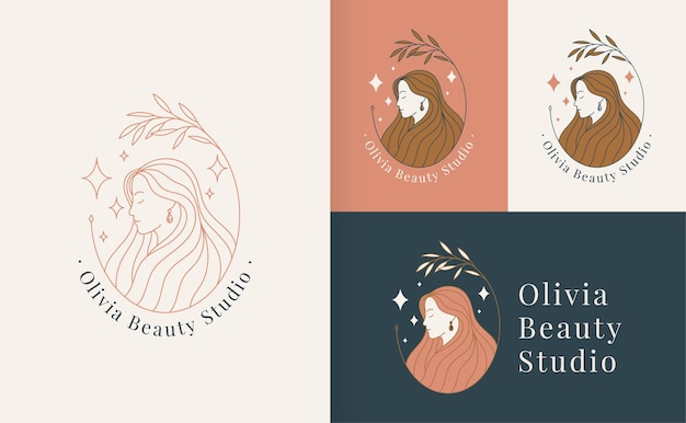 Estilo lineal de logotipo de rostro de belleza de mujer, estudio de belleza y plantilla de marca de cosméticos