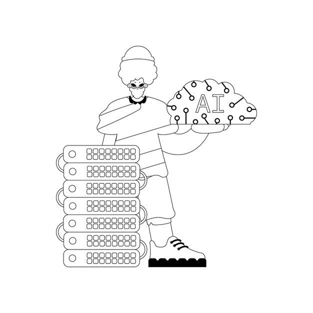 Estilo lineal vectorial de AI Guy y Server basado en el tema de la Inteligencia Artificial