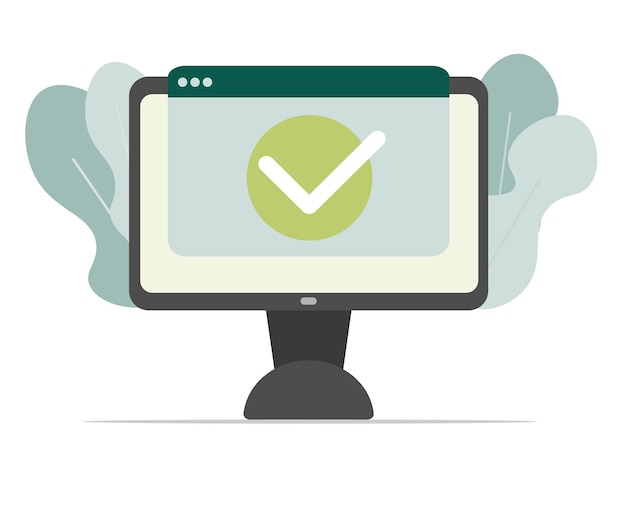 Estilo minimalista de dibujos animados. Aprobación de verificación de archivo de documento en línea confirmada. Computadora de escritorio o pc
