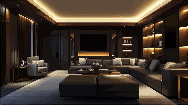 Vector estilo moderno y oscuro interior de la sala de estar