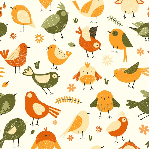 Vector estilo de pájaros de primavera lindos impresión sin costuras con dibujos animados animales voladores coloridos fondo floral para envolver papel diseño textil textura vectorial