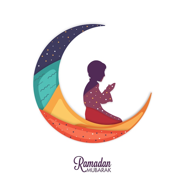 Estilo de papel colorido luna creciente con niño que ofrece la oración islámica namaz sobre fondo blanco