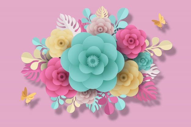 Vector estilo de papel de flores, rosa colorida, papel artesanal floral, papel de mariposa