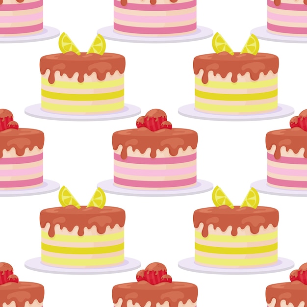 Estilo de pastel de dibujos animados con patrones sin fisuras de cerezas y limones. tarjetas de feliz cumpleaños