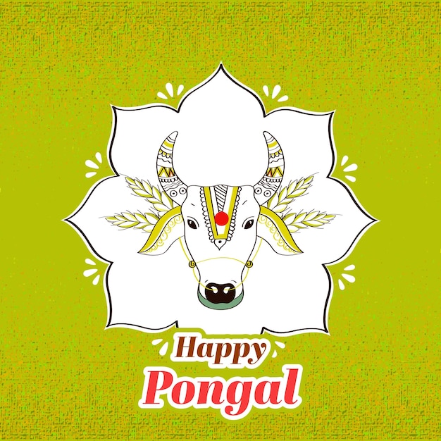 Estilo de pegatina Happy Pongal Font con cara de vaca o toro de estilo Doodle en un fondo verde claro y oxidado