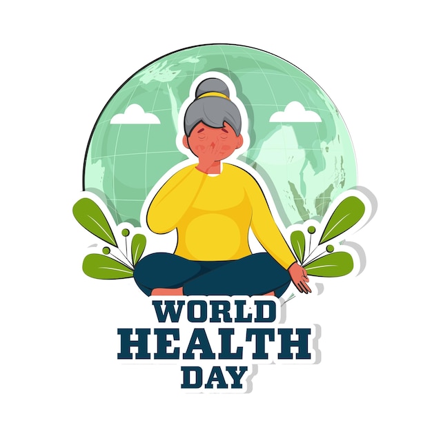 Estilo de pegatina Texto del Día Mundial de la Salud con una mujer joven haciendo respiración nasal alternativa y hojas en el globo terráqueo fondo blanco