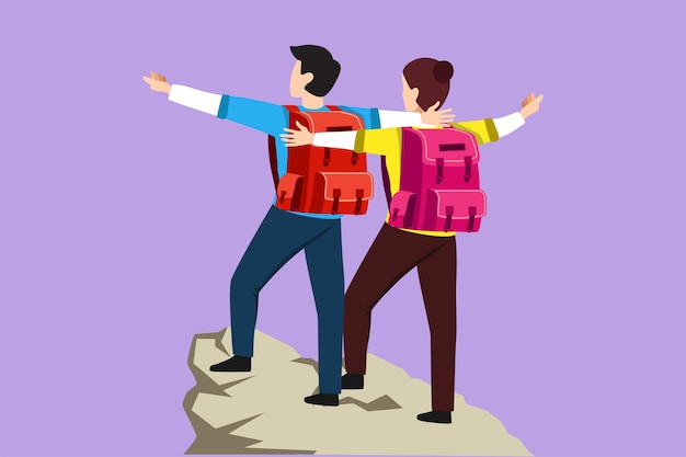 Estilo plano de dibujos animados vista trasera de una pareja romántica de excursionistas con las manos levantadas en un valle de montaña al amanecer Viaje turismo caminata vacaciones aventura concepto Ilustración vectorial de diseño gráfico