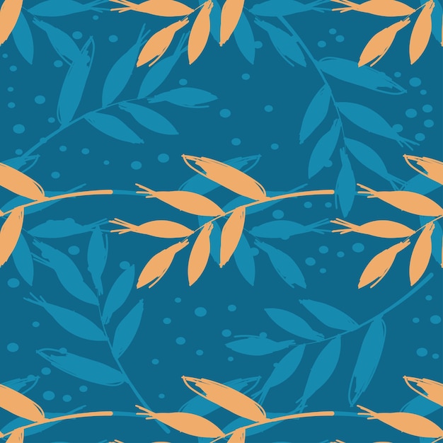 Estilo plano floral, patrón vectorial sin costuras, textura de ramas con hojas, hojas azules y marrones sobre un fondo azul, diseño de papel tapiz.