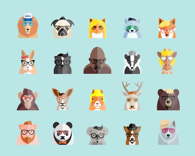 Estilo plano Hipster Animales Avatar Retratos vectoriales o conjunto de iconos para sitios web de redes sociales, etc. sobre fondo azul claro