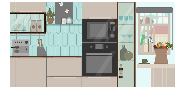 estilo plano interior de cocina moderna Sin gente Casa Habitación Ilustración vectorial plana