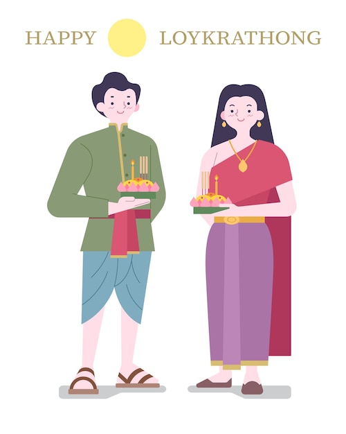 Estilo plano loy krathong feliz pareja tailandesa ilustración de dibujos animados