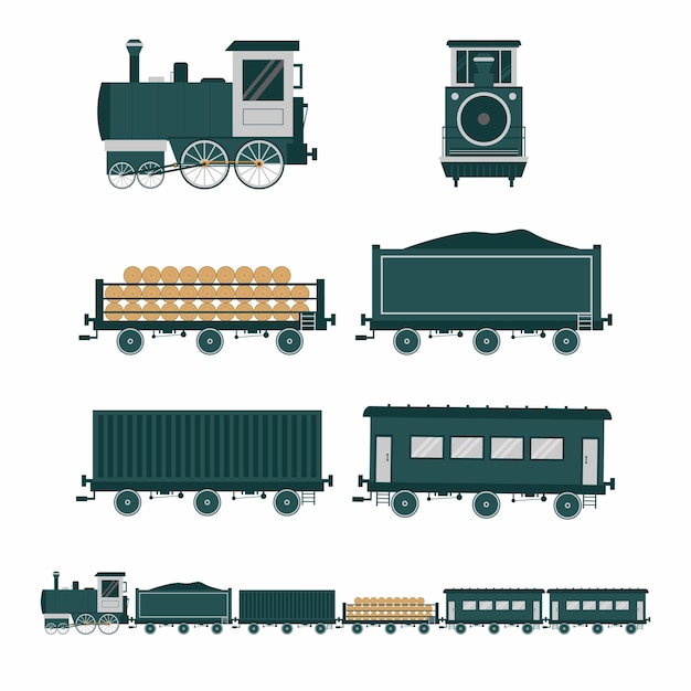 Vector estilo plano de tren antiguo conjunto de iconos de transporte de tren vintage plano tren de pasajeros de tren de vapor y vista frontal y lateral del tren de carga aislado sobre fondo blanco ilustración de dibujos animados vectoriales