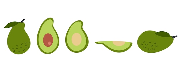 Estilo plano vector fruta de aguacate y rebanadas colección clipart arte perfecto para pegatinas cartel etiqueta de venta de cartón Ilustración dibujada a mano para decoración y diseño