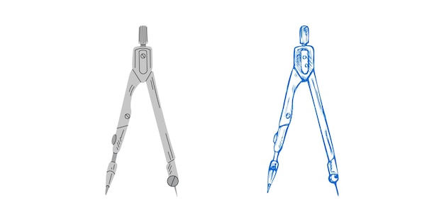 Estilo plano vectorial y boceto suministros escolares y de oficina Ilustración dibujo brújulas boceto
