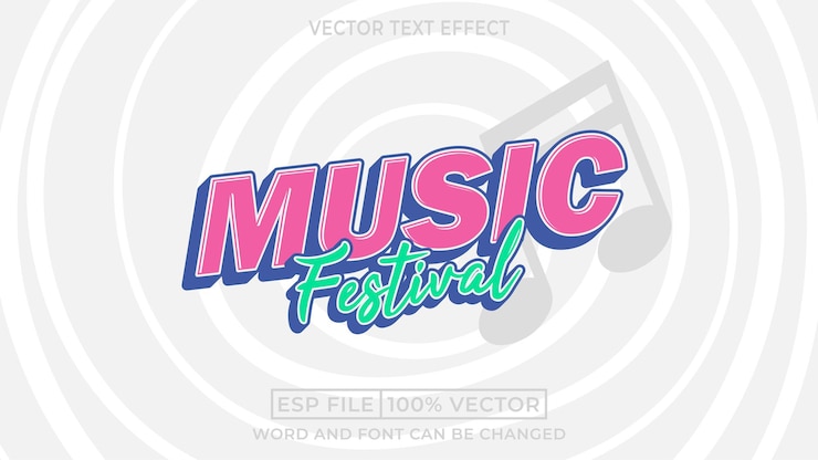 Vector estilo de plantilla de dibujos animados 3d del festival de música con efectos de texto editables