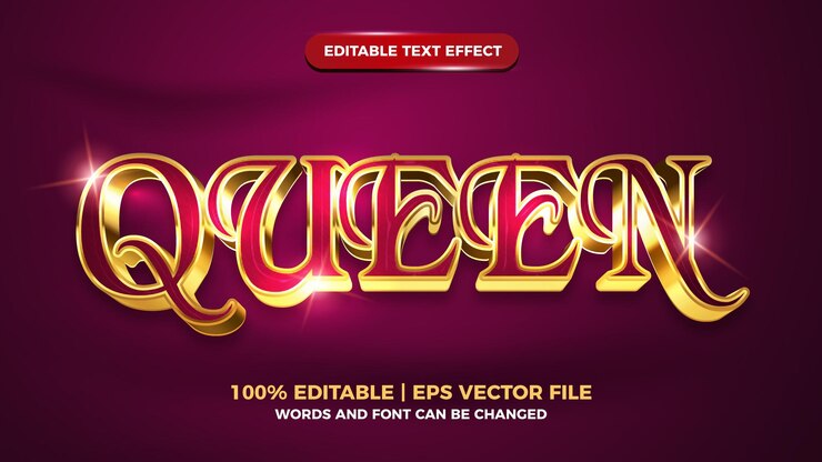 Vector estilo de plantilla de efecto de texto editable 3d de oro de lujo de reina