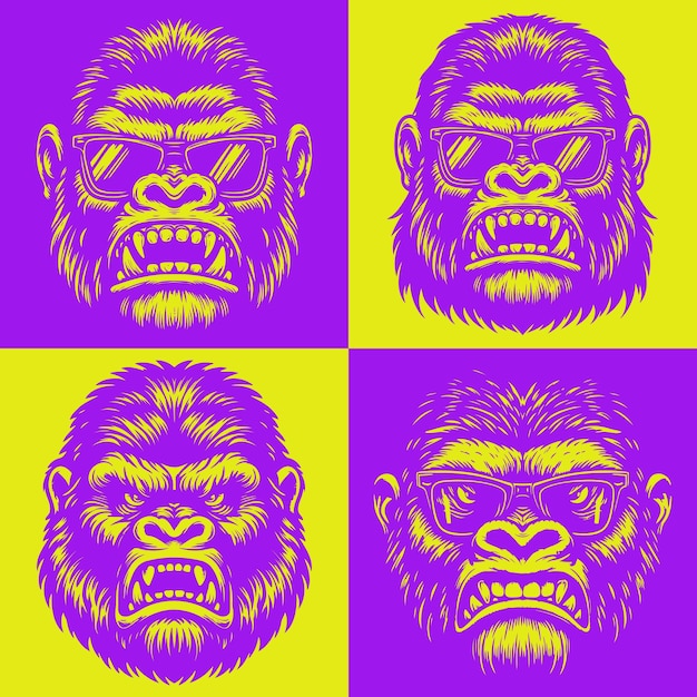 El estilo pop art del gorila enojado se enfrenta a un colorido conjunto de ilustraciones vectoriales