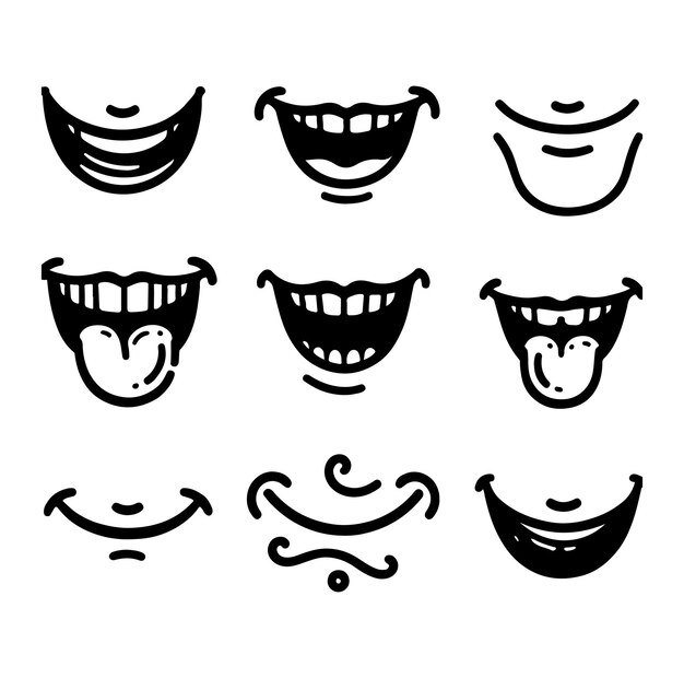 Estilo retro boca sonrisa caricatura lindo garabateo expresión facial conjunto aislado