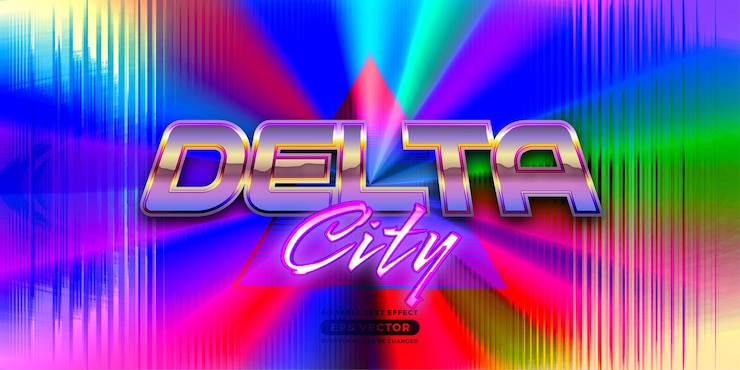 Vector estilo retro de efecto de texto editable de la ciudad de delta con un concepto de tema vibrante para la promoción de carteles de volantes de moda y plantillas de pancartas