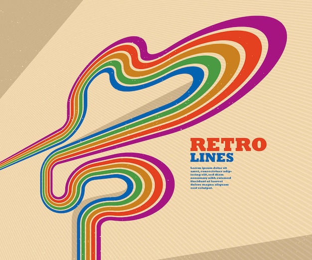 Estilo retro fondo abstracto con líneas curvas en todos los colores del arco iris 3D arte vectorial dimensional setenta